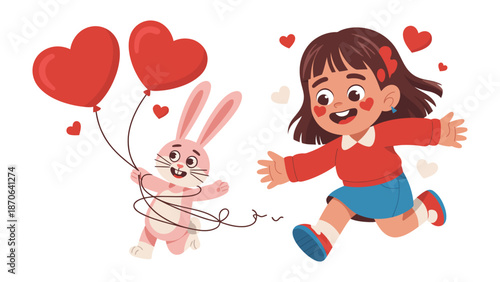 Love's Sweet Embrace: A heartwarming scene unfolds as a delighted young girl rushes towards a charming rabbit holding heart-shaped balloons, symbolizing affection and joy. 