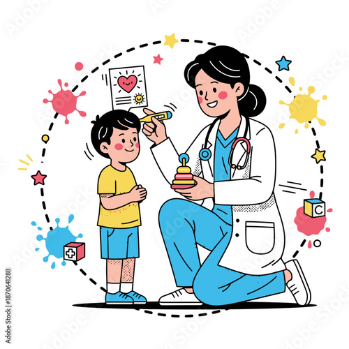 Children’s medical and pediatric care concept with flat vector illustration of female pediatrician checking boy health using thermometer with heart wellness chart and colorful play block icons