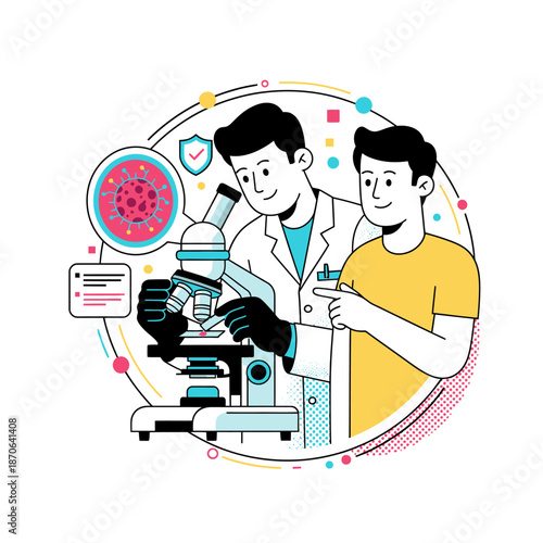 Diagnostic and pathology lab services concept with flat vector illustration of scientist using microscope to analyze virus samples for medical research and patient healthcare testing results