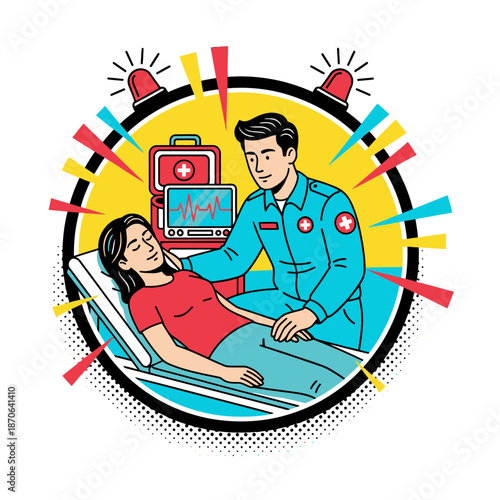 Emergency medical services 24/7 concept with flat vector illustration of paramedic providing urgent care to patient on stretcher with ambulance siren and heart rate monitor icons
