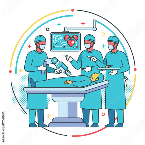 Surgery and Advanced Medical Procedures with Robotic Arm and AI Visualization. Surgeons Performing High-Precision Minimally Invasive Surgery in Modern Operating Room Flat Vector Illustration