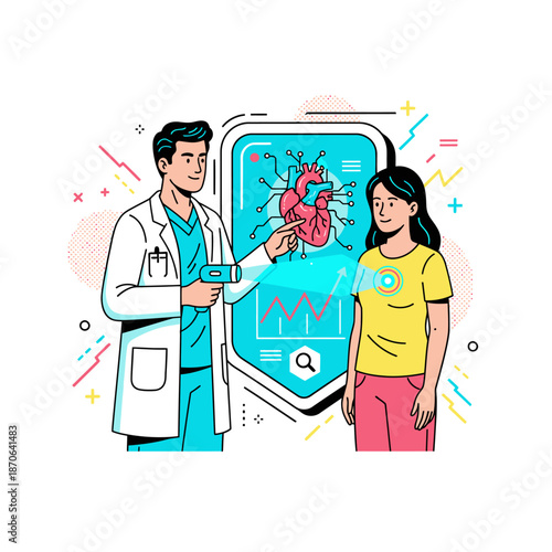 Advanced healthcare diagnostics and treatment concept with flat vector illustration of doctor using medical technology to scan patient heart health for cardiovascular prevention and clinical care