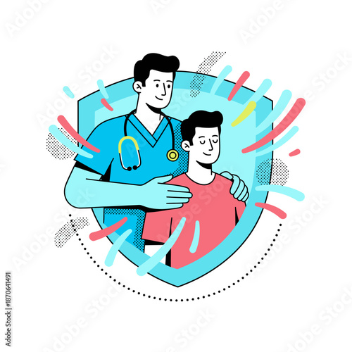 Safe and reliable healthcare services concept with flat vector illustration of medical professional providing protective care and patient safety support within a medical shield icon frame
