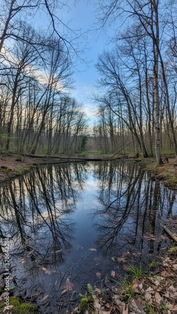 Obraz premium Serene Forest Reflection in Calm Water Nature Tranquil Trees. Concept featuring forest, reflection, water, nature, tranquil.