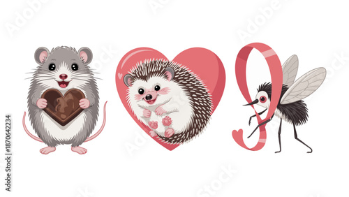 Whimsical Trio of Love: A heartwarming illustration features an adorable mouse holding a chocolate heart, a cuddly hedgehog nestled in a pink heart, and a charming fly with a ribbon.