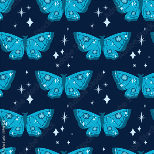 Blue moths or butterflies and stars on dark background. Seamless night pattern with sparkles. Vector design for fabric, wallpaper and decoration.