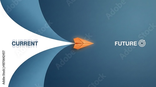Creative concept showing current to future transition with paper airplane icon and abstract tunnel design,representing progress,transformation and innovation