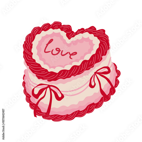 Whimsical pink heart cake with love written in icing and ribbon. Vector illustration for girly festive decor, romantic design