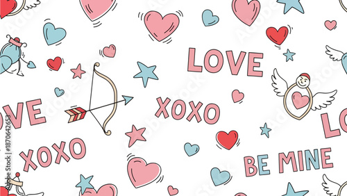 Whimsical Valentine's Day pattern with hearts and love symbols