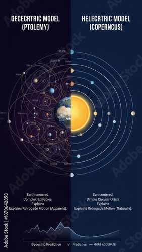 Geocentric vs Heliocentric Models of the Universe Ptolemy Copernicus Solar System. Concept featuring geocentric model, heliocentric model, ptolemy, copernicus, solar system.