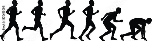 Running man silhouette sequence, sprint start to full speed motion, athletic training evolution, human movement concept, isolated black vector illustration