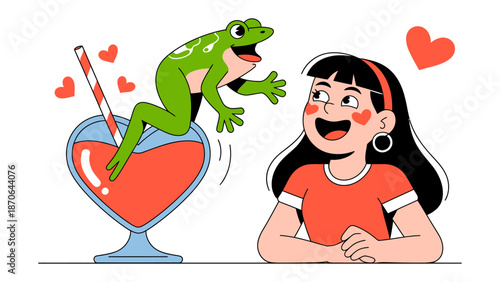 Frog and Girl in a Romantic Dream: A whimsical illustration captures a young woman's dream, featuring a charming frog playfully emerging from a heart-shaped glass with a straw.