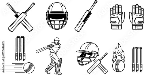 Cricket sports equipment vector icon set with batsman helmet bats gloves wickets and ball in black and white line art