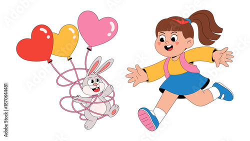 Joyful Bond: A lively illustration captures the playful innocence of childhood, as a child playfully interacts with a whimsical bunny holding heart-shaped balloons, symbolizing love and happiness.