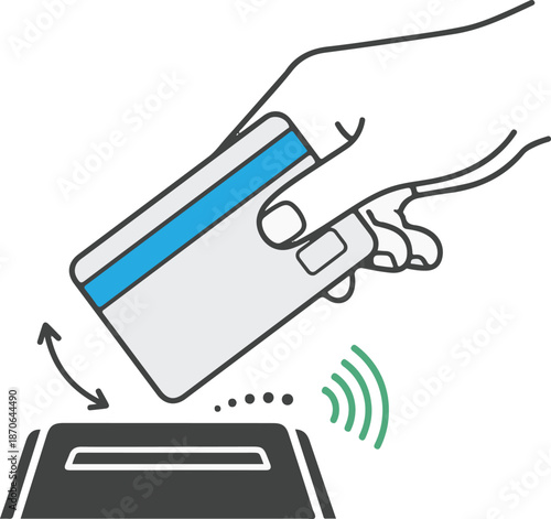 Vector illustration of a hand holding a credit card over a payment terminal, depicting a contactless tap-to-pay transaction with green signal waves and motion arrows.