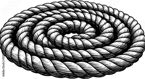 Vintage woodcut style vector illustration of a thick hemp rope coiled in a spiral circle isolated on a white background