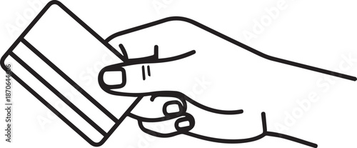A minimalist line art vector illustration of a hand holding a credit card, symbolizing a payment, purchase, or financial transaction.