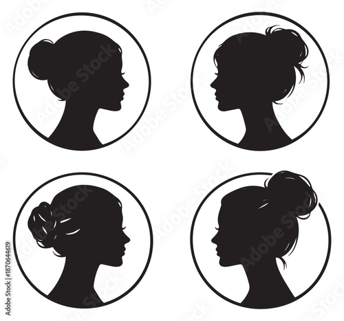 Classic silhouette women profile set featuring various bun hairstyles for beauty and identity concepts