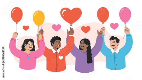 Celebration of Joy: A vibrant illustration depicts a group of friends joyfully holding heart-shaped and round balloons, symbolizing love, happiness, and unity.