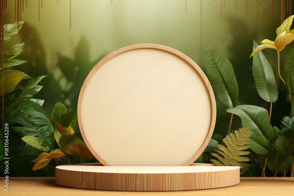 Fototapeta premium Wooden podium with round frame and tropical green leaves creating a natural product display