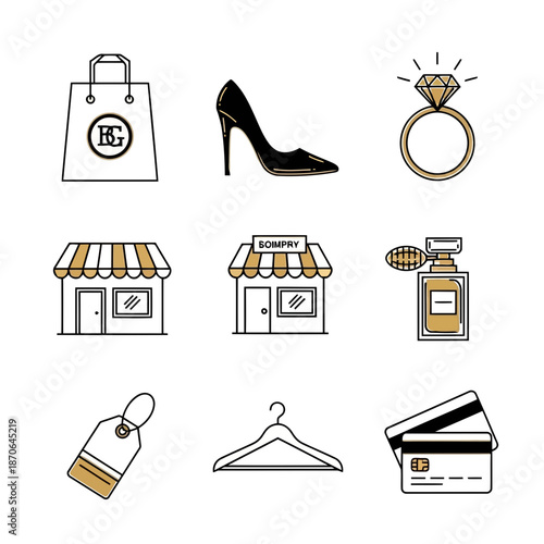 Elegant shopping store icon set, luxury brand style, thin line icon isolated on white background