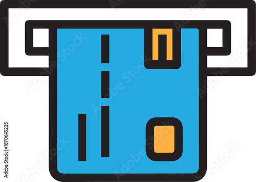 A flat vector icon of a blue credit card being inserted into an ATM machine slot, featuring a minimalist design with bold outlines and yellow accents.