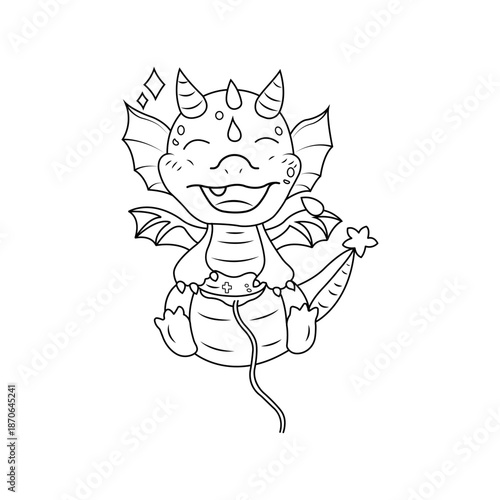 Cute cartoon dragon, smiling, with wings and tail, fantasy creature