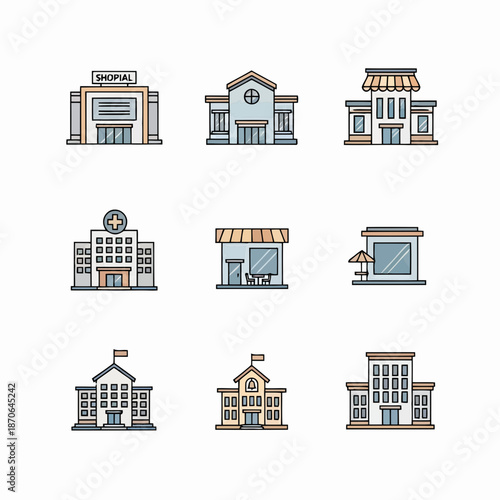 Set of building icons isolated on white background