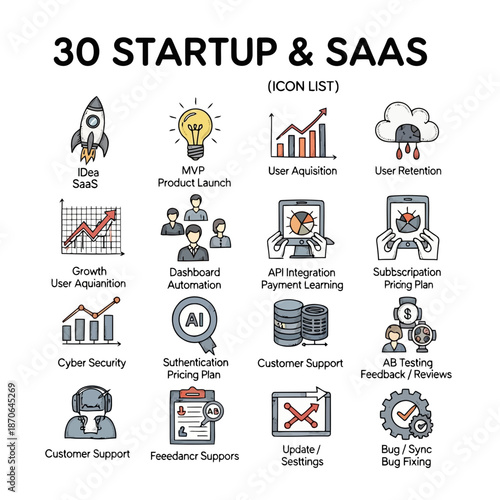 30 startup & saas icons isolated on white background