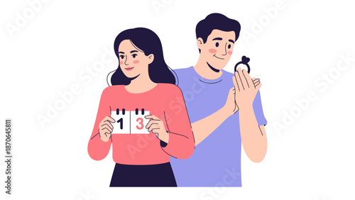 Romantic Proposal: A couple's anticipation is visible as a man proposes with a ring to a woman, the calendar displaying a significant date. The scene is brimming with excitement.