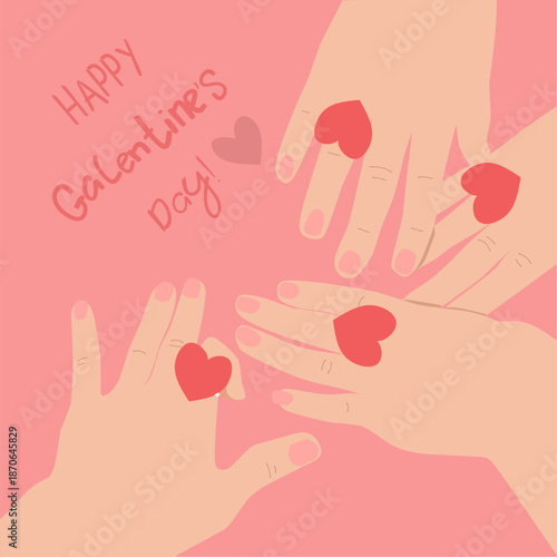 Happy Galentine's Day Concept Illustration, Four Women Hands Wearing Red Heart Rings on Pink Background