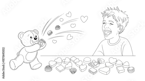 Teddy's Sweet Offering: A joyous illustration captures a playful bear showering heart-shaped sweets toward an elated child, embodying the sweetness of friendship and affection.