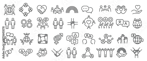 Diverse Community Inclusion Unity Line Icons Set.
