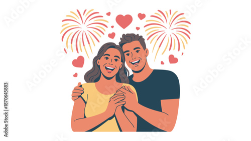 Love's Fireworks: A radiant couple embraces, their smiles mirroring the vibrant fireworks and floating hearts that celebrate their connection.