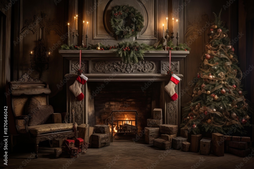 Naklejka premium Living room interior decorated for christmas, featuring a lighted tree, burning fireplace, and festive stockings