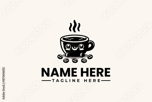 A black and white vector illustration of a smiling coffee cup with steam rising, surrounded by coffee beans and a placeholder text for a name and tagline on a plain background.