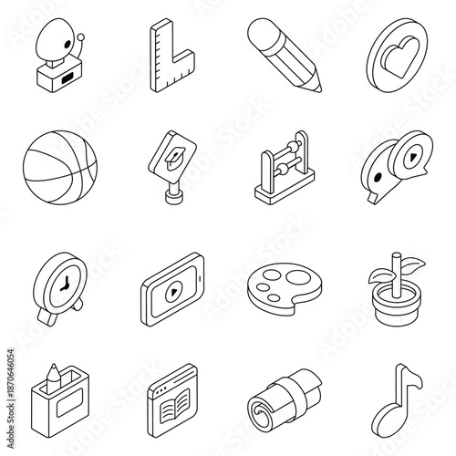 Isometric Icons Collection of Office Educational and Sports Symbols.
