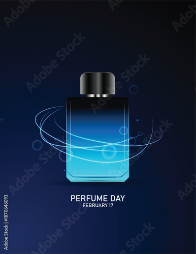 Perfume Day Elegant Blue Bottle Illustration With Aromatic Swirl Effects On Dark Background