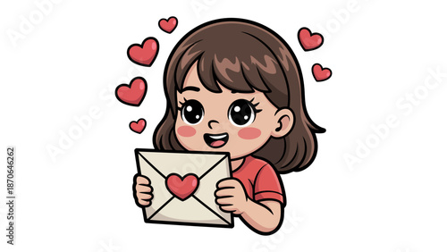 Enamored Letter: A charming illustration shows a young person holding a letter envelope sealed with love, surrounded by floating hearts, celebrating affection.