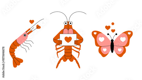 Animated Love in the Insect Realm: A heartwarming trio of shrimp, lobster and butterfly characters express affection with hearts, perfect for Valentine's Day and celebrations of love.