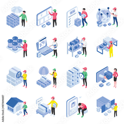 Isometric Warehouse Workers Handling Logistics Operations.