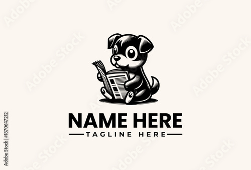 A black and white illustration of a cute dog sitting with a newspaper and a pen, accompanied by placeholder text for a logo and tagline on a plain background.