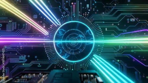 Vibrant digital circuit board with glowing data streams and central processing core.