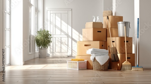 Neat Home Interior with Moving Boxes and Cleaning Supplies in Sunlight