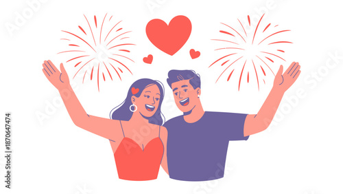Sweetheart Celebration: A joyful couple celebrates their love with hearts and fireworks in a display of romantic bliss. 