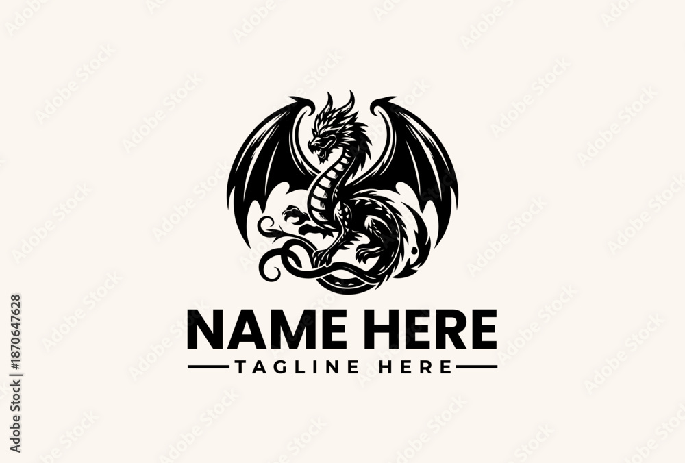 Obraz premium A black dragon logo with wings spread wide and a placeholder text for 'NAME HERE' and 'TAGLINE HERE' on a plain beige background, featuring a vector illustration style with iconic graphic