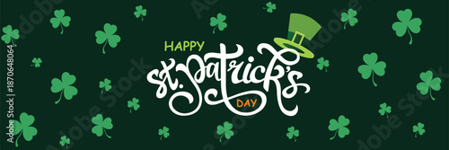 Whimsical white script "Happy St. Patrick's Day" with playful green leprechaun hat and scattered shamrocks on emerald green background. Charming hand-drawn vector banner perfect for festive greetings,