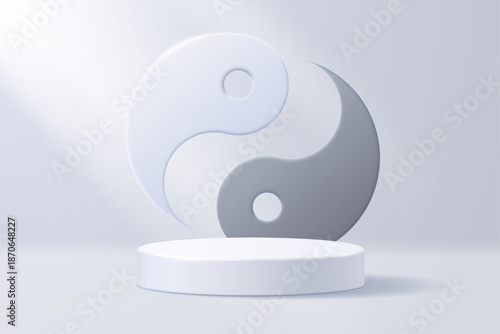 Round empty podium with a yin-yang symbol on a light background illuminated by sunlight. Vector 3D illustration.