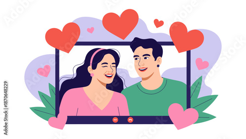 Digital Romance: A joyful couple depicted within a screen, surrounded by floating hearts, celebrating affection and connection, and portraying the concept of online dating and modern love.