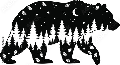 Bear silhouette with forest landscape night sky stars moon nature wildlife double exposure black white vector illustration design